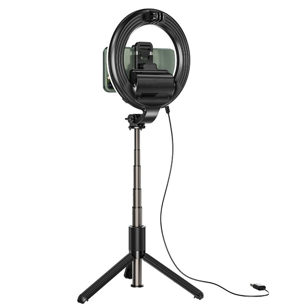 Trépied sans fil pour perche à selfie, support de téléphone avec anneau lumineux et télécommande Trépied sans fil pour perche à selfie, support de téléphone avec anneau lumineux et télécommande